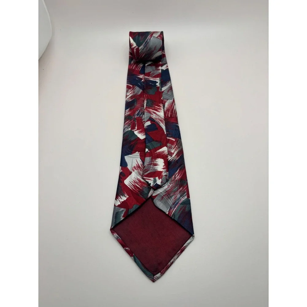 Vintage Abstract Brushstroke Silk Necktie Burgundy Navy Grey White Painterly Tie